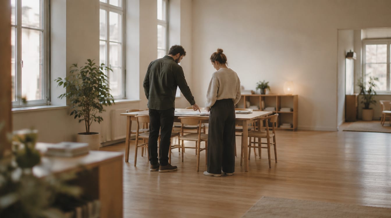 Duas pessoas de pé conversando ao lado de uma mesa, de costas.