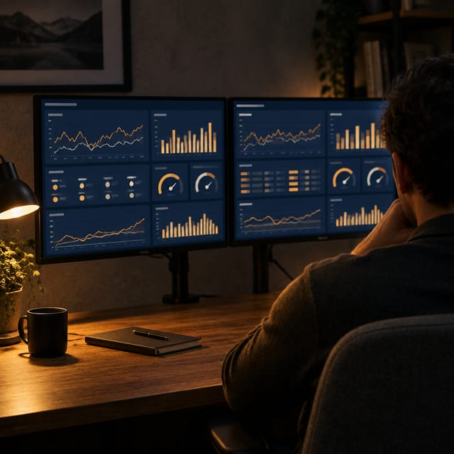 Pessoa de costas diante de dois monitores com painéis de monitoramento, em um escritório ao entardecer.
