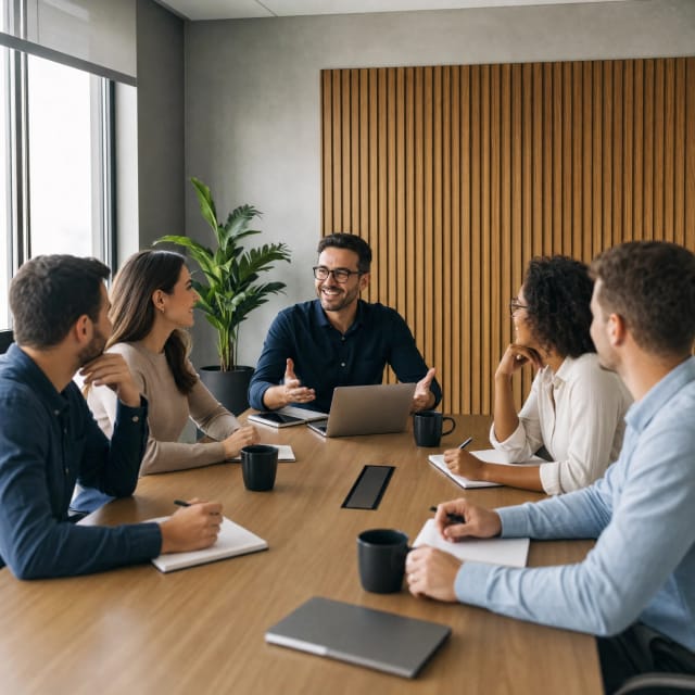 Cinco pessoas em reunião em volta de uma mesa de escritório, uma delas falando e gesticulando.