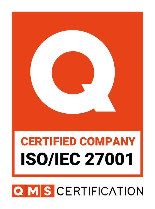 Selo de empresa certificada na ISO 27001, emitido pela QMS Certification.